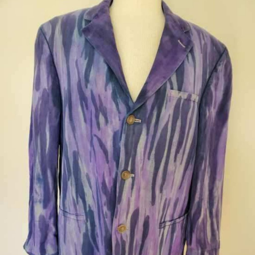 Silk Blazer Sport Suit Coat Navy blue Gray Black purple 42 Med large stripe dyed